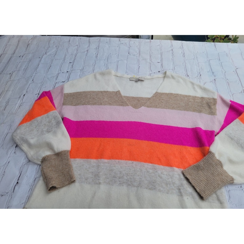 Loft Womens V-Neck Striped‎ Sweater Multicolor Pink Orange Cream Size L - Picture 2 of 7